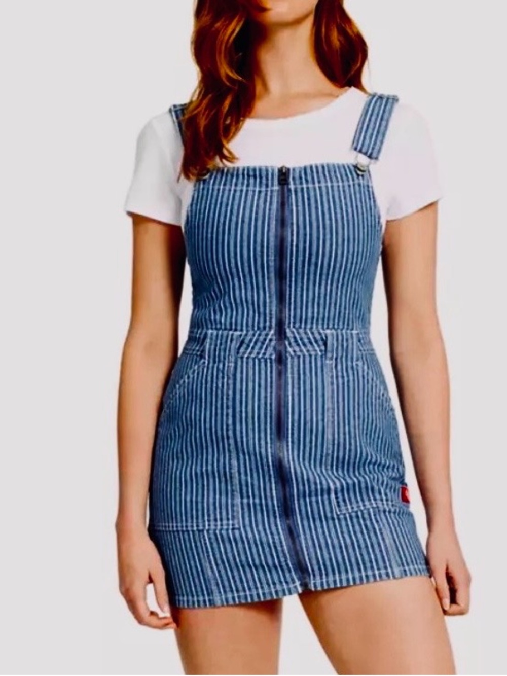 Dickies Hickory Striped Denim Overall Slim Fit Mini Dress Zip Front